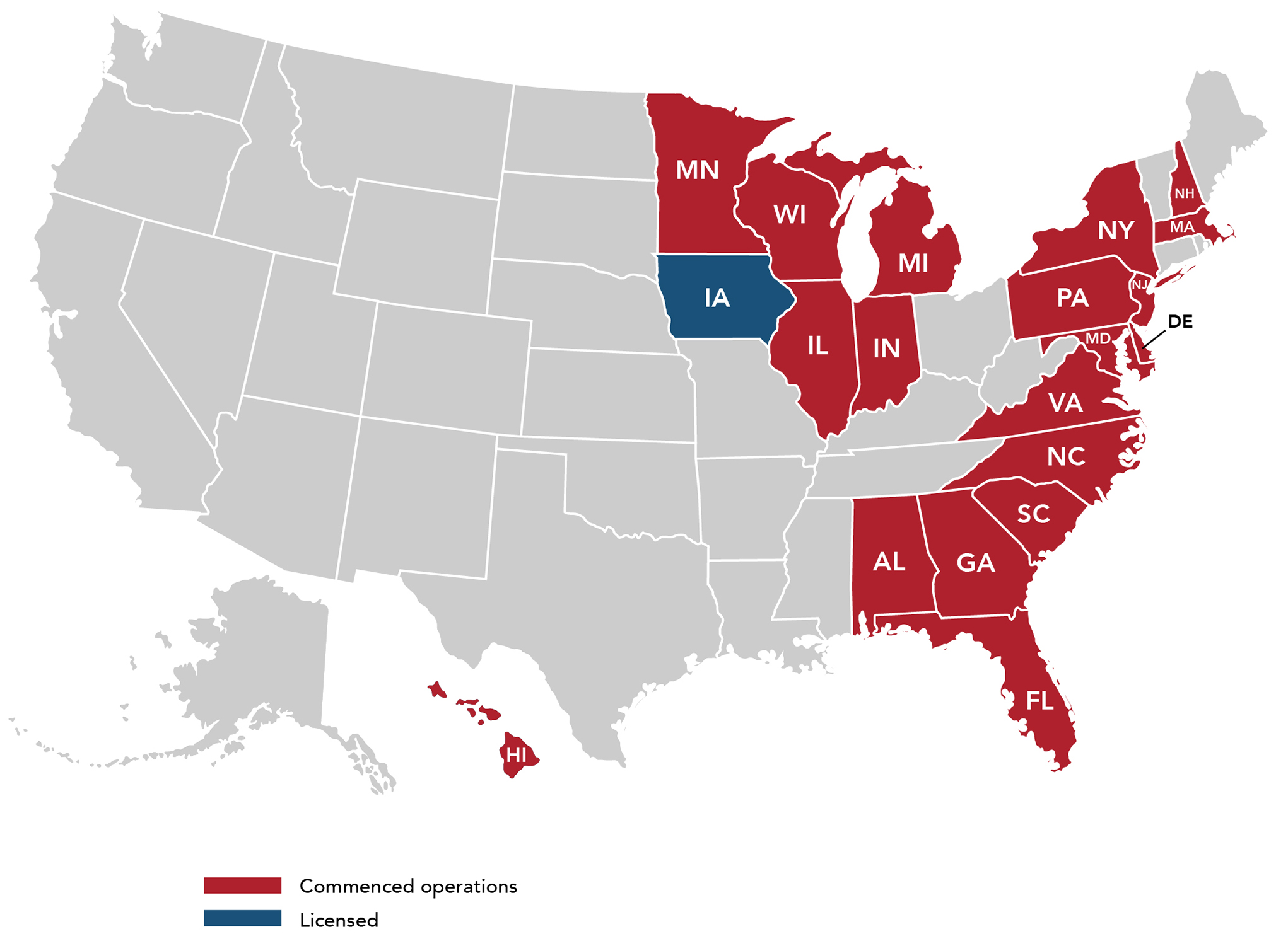 A map showing which states we can write insurance and have license